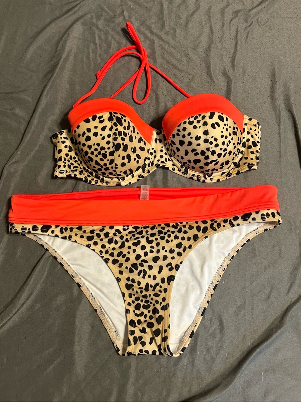 Animal Print Bandeau Bikini with Coral Trim - Women Swim